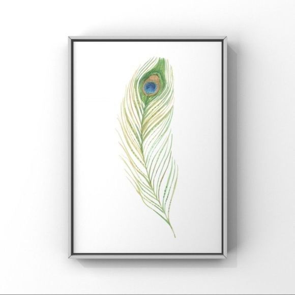 Watercolor green peacock boho feather art print - Picture 1 of 2